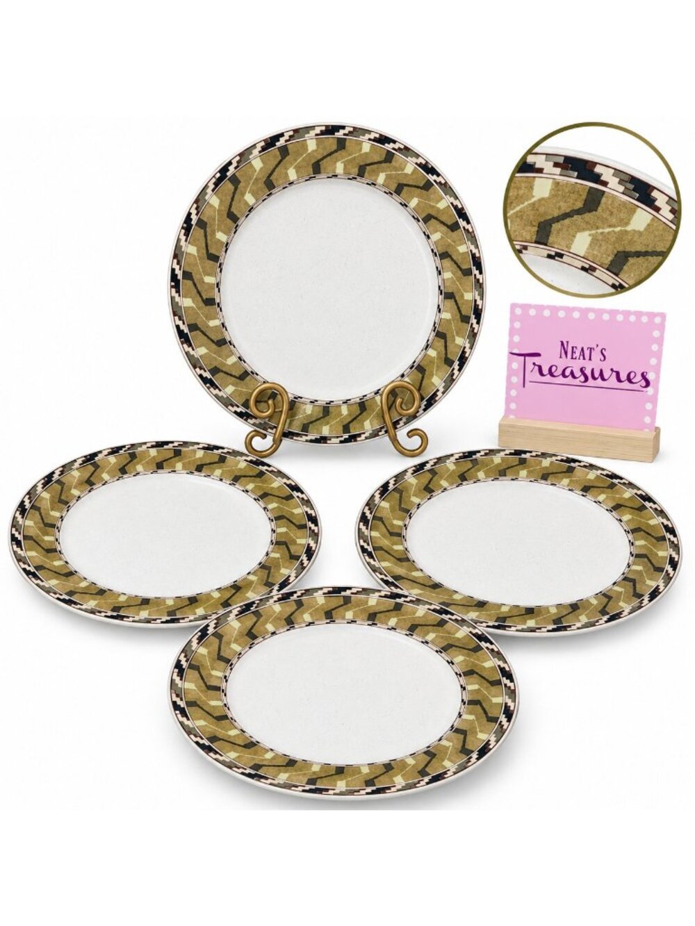 Studio Nova BANDERLARA Beige Brown Blue Bands Oven Safe Salad Lunch Plates Set 4